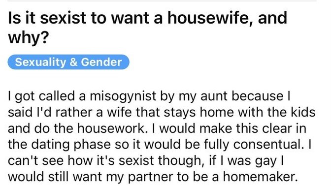 Do you think it's reasonable for a man to look for a housewife? Unless he's a handsome billionaire who can provide a good life for his wife & kids?