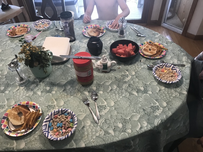 My 5 year old planned last night’s meal - lucky charms, watermelon, bagels with PB and French fries. He prepared it all as well. 