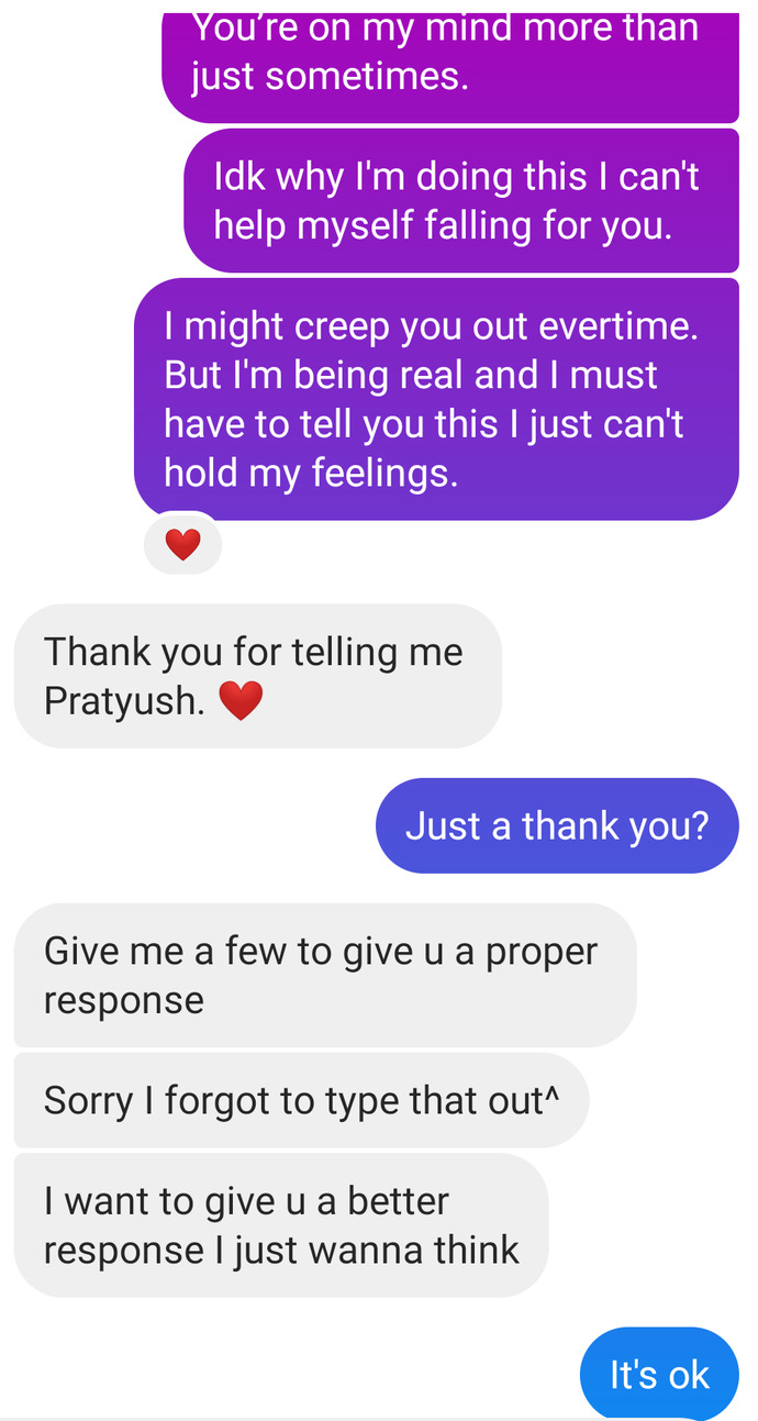 I said to my online American friend that Ive feelings for her, she said its hard to fall in love in internet & after 1 month I said again & got this?
