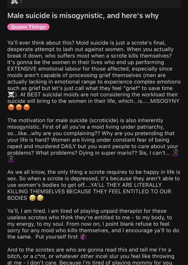 This came across my feed, So apparently male suicide is now sexist and misogynistic... What do you think GAG?