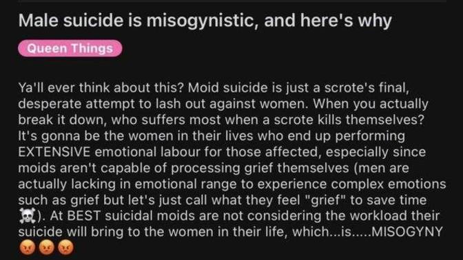 This came across my feed, So apparently male suicide is now sexist and misogynistic... What do you think GAG?