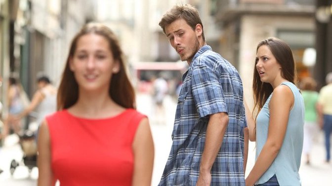 Which girl do you think is hotter in the distracted boyfriend meme?