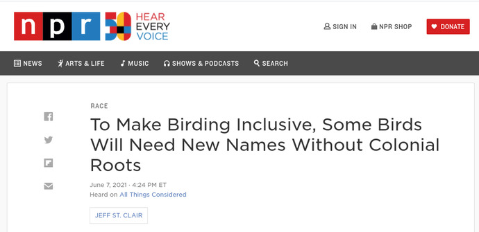 Do you agree that in order to make bird watching a much less racist sport, hundreds of American birds will have to be renamed?