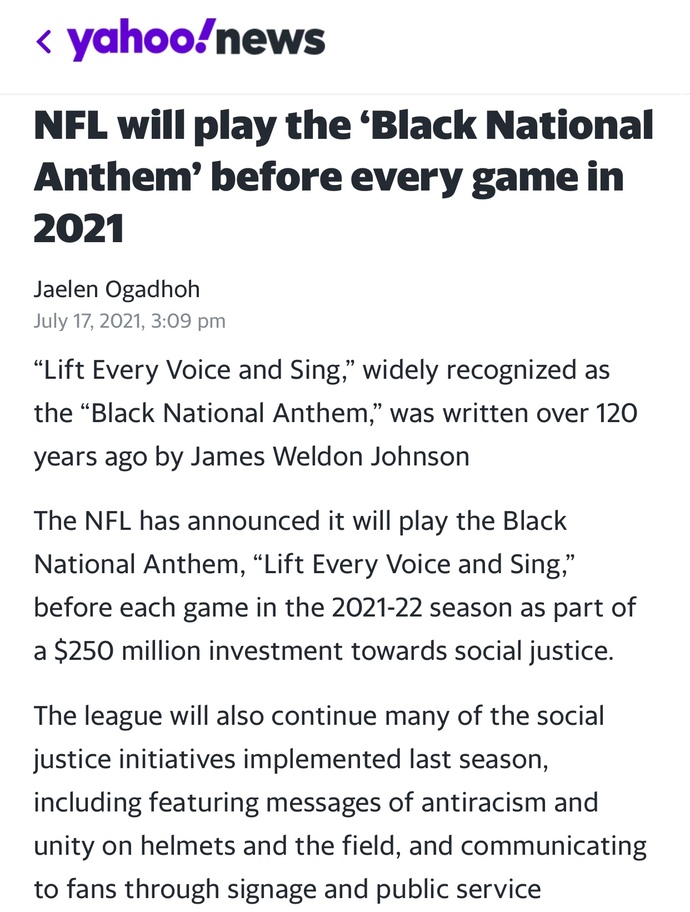 Do you agree or disagree with the NFL deciding to play the black national anthem before every game for the 2021 season?