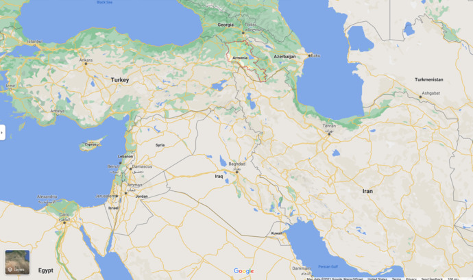 Armenia is north of Iran and east of Turkey.