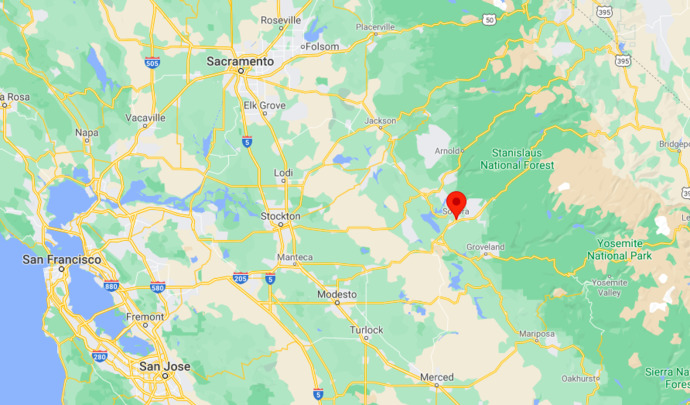 Yosemite is on the right, about 2 hours away