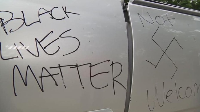 Some of the graffiti Frederick left on the Halls truck.