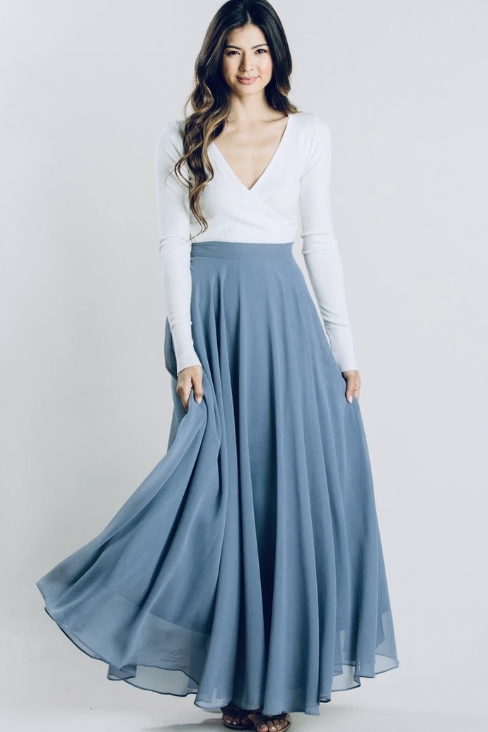 Floor length chiffon skirt plus long sleeve shirt