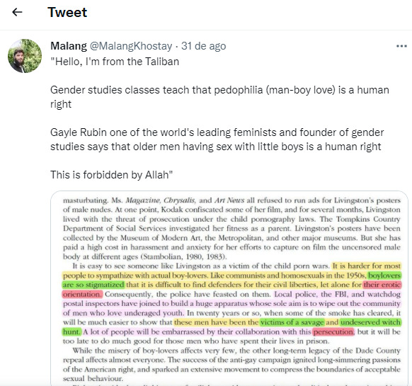 Taliban posted on Twitter saying gender studies normalizes pedophilia, do you agree?
