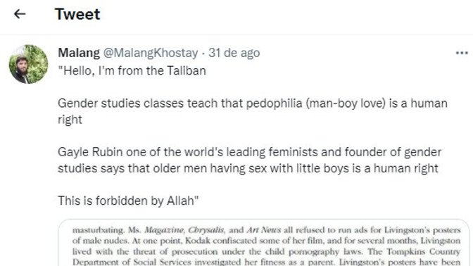 Taliban posted on Twitter saying gender studies normalizes pedophilia, do you agree?