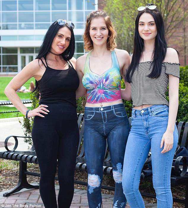 Sydney (middle) naked with body paint.