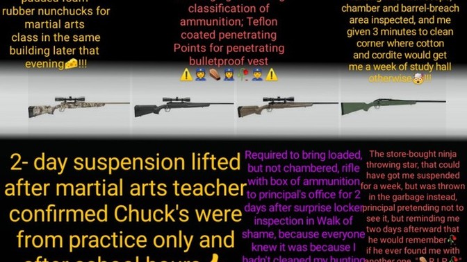 Why are so many schools banning firearms in lockers nowadays? How far would school shootings get if students and teachers were armed like we were?