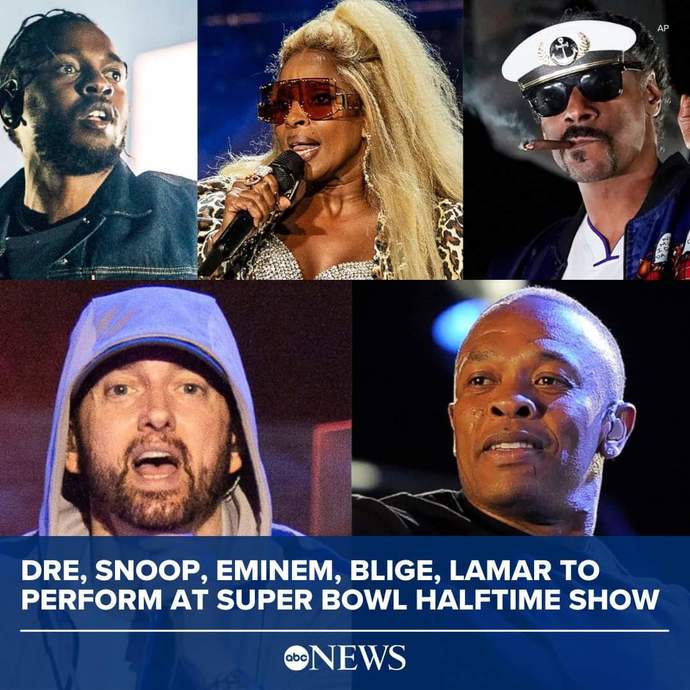 Eminem, Dr. Dre, Snoop Dogg, Mary J Blige, and Kendrick Lamar to play the 2022 Superbowl halftime. What do you think of this lineup?