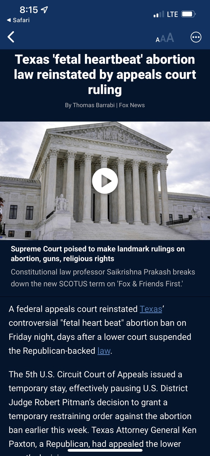 “Texas fetal heartbeat abortion law reinstated by appeals court ruling.” Your thoughts?