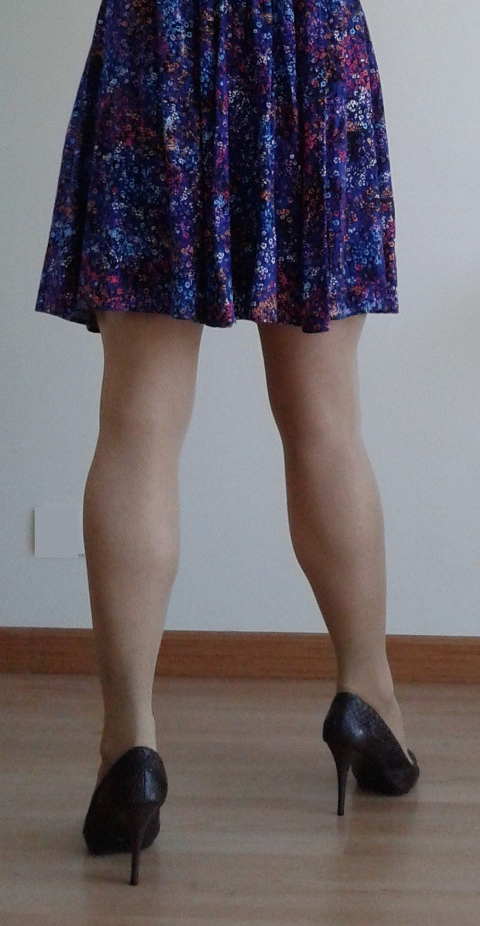 Girls, how about this combo with nude pantyhose and heels?