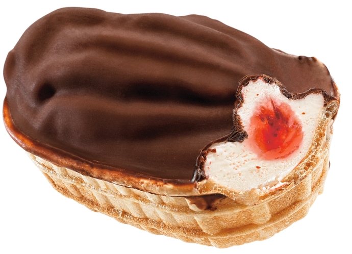 It's creamy vanilla ice cream and strawberry jam inside