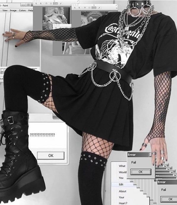 fishnet, skirt , belt, fishnet gloves and t-shirt