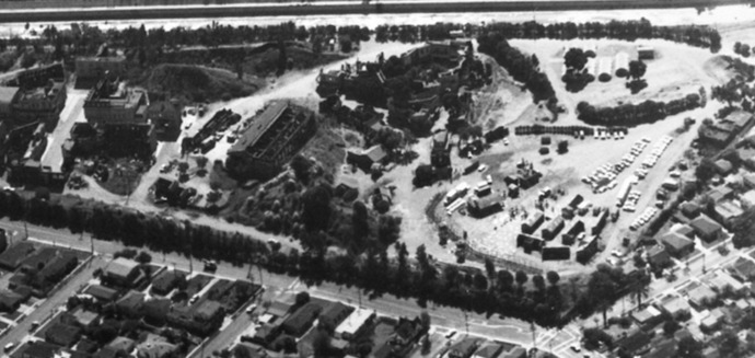 40 acres Desilu backlot. MASH, low right. Gomer Pyle, USMC, back right. Mayberry is out to the left. 