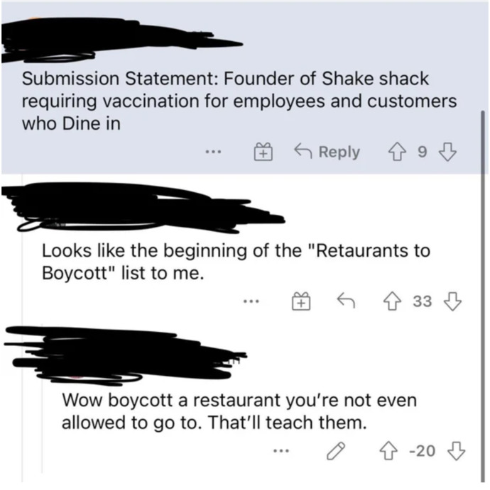 What are your thoughts on Anti-vaxxers wanting to boycott restaurants they are banned from?