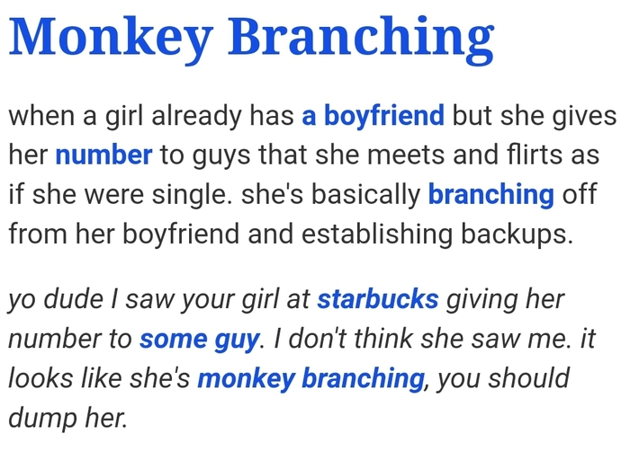 In what way does monkey branching differs from cheating, it looks same to me. And why is it only applicable to girls, guys do it too?