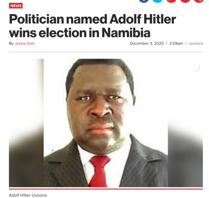 Politician named adolf hitler wins elecetion in namibia what are your thoughts on this?