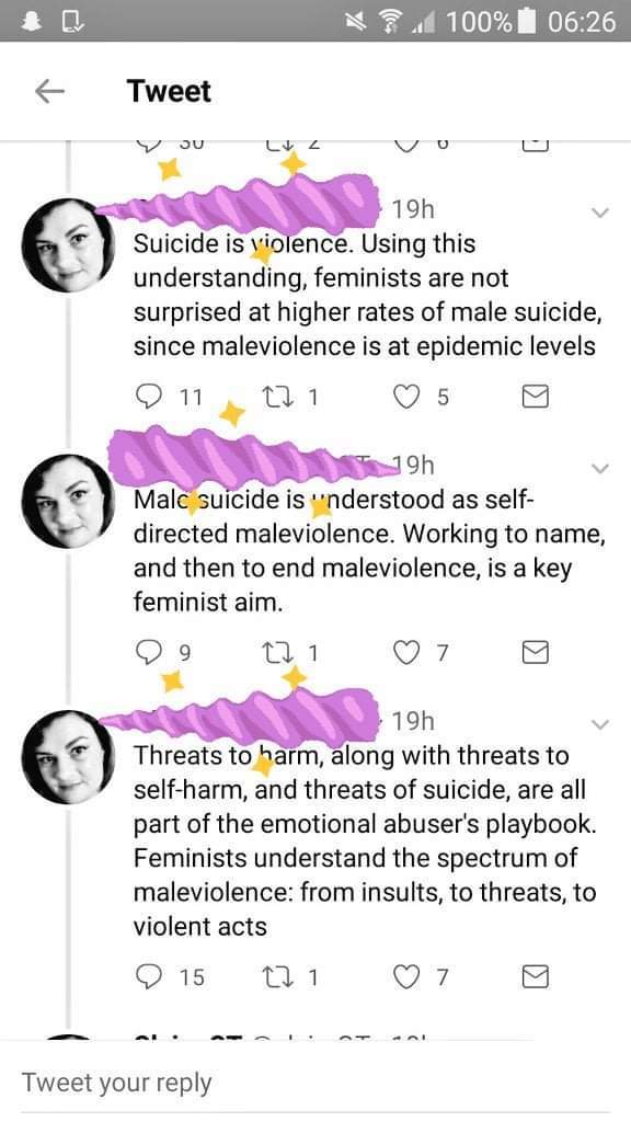 Do you agree with this feminist that male commit suicide because they are violent themselves?