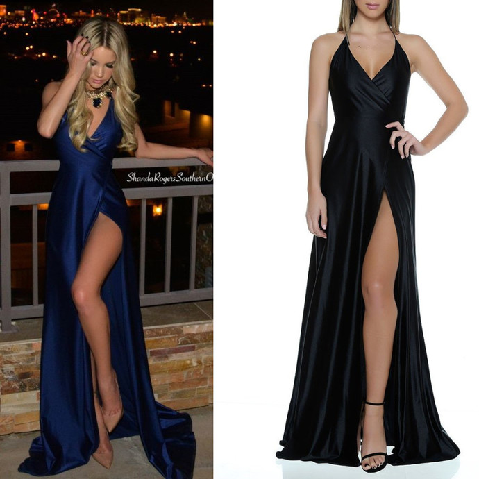 Plunging V-neck Black Prom Dress