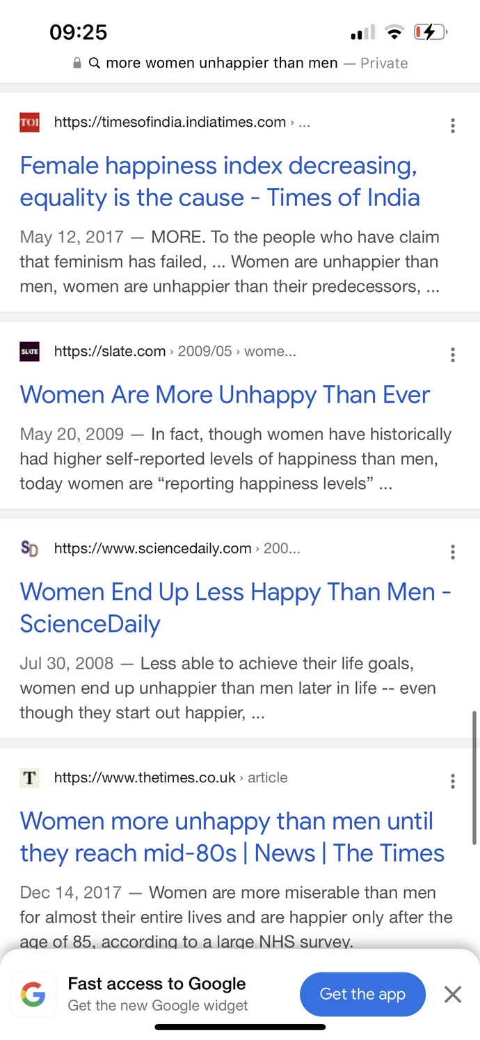 “Women more unhappy than men.” Your thoughts?