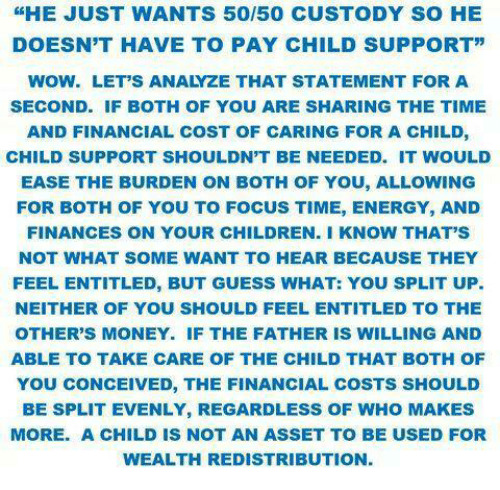 Child Support. Is it time the law stopped discrimination against men with 50/50 child custody, no child support payments and no alimony?