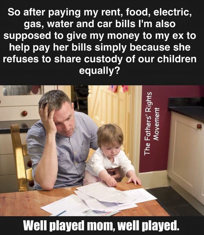 Child Support. Is it time the law stopped discrimination against men with 50/50 child custody, no child support payments and no alimony?