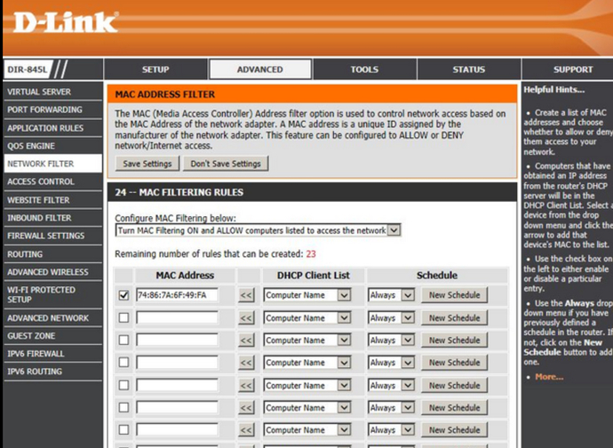Example of mac filtering.
