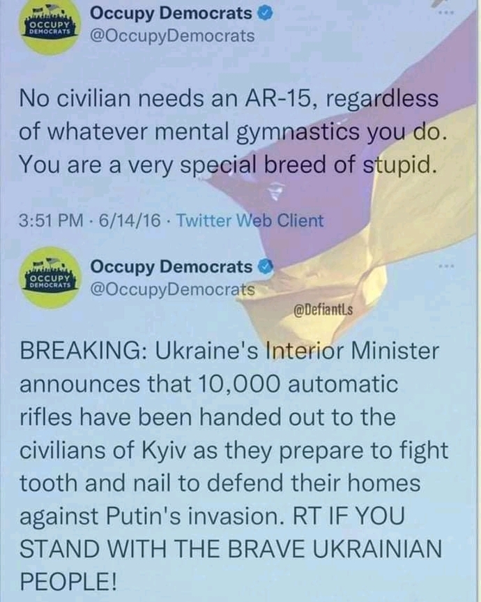 Ukraine. Why do anti-gun Democrats want the US to fight Russia but none are signing up to the US military otlr heading to Ukraine to fight?