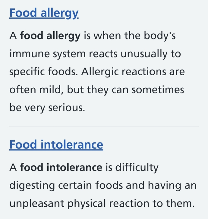 Brief description of food intolerance and food allergy from NHS website.