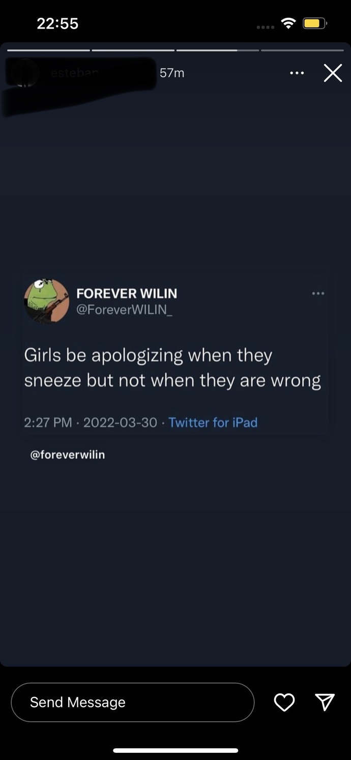 How much has this been true about women in your experience: Girls apologize when they sneeze but not when they are wrong?
