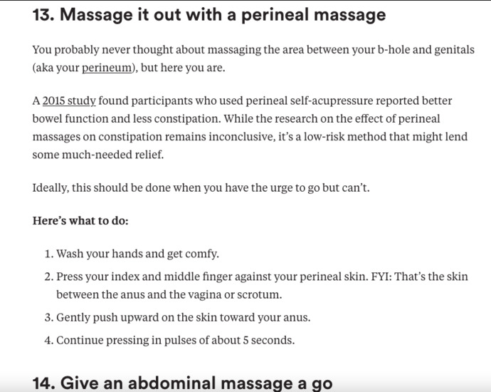 Did you know if you feel constipated or like you cant go poop, all you have to do is press on the perineum and youll end up pooping shortly after?
