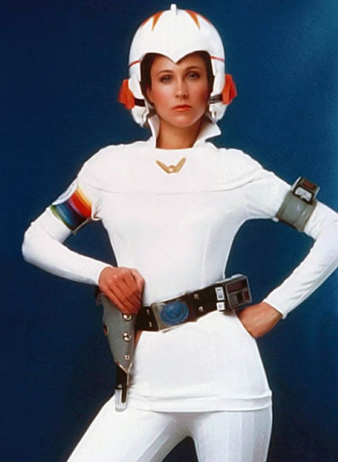 Erin Gray in a slim, hopefully stain proof, fighter outfit for Buck- or maybe Twikki.