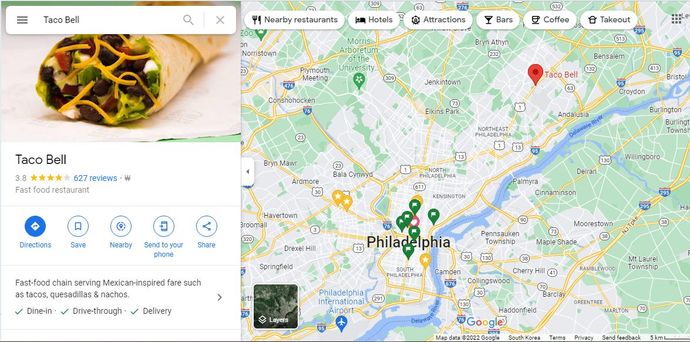 Here's a map of Philadelphia with the Taco Bell on it. I lived near the far-left gold icon.