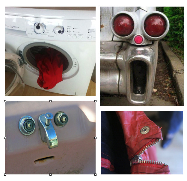 Nauseous dryer, shocked car, sad tub, piranha zipper. Faces are everywhere. 