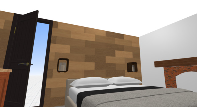 Bed and door to the bathroom (the woods)