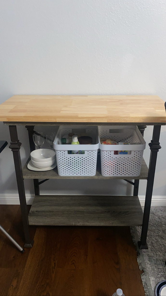 this is my kitchen cart and I’m painting it white. Will have cooking appliance on last shelf soon and another white bin for more pantry stuff