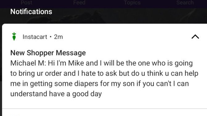 Food delivery driver is asking if he can buy diapers for his son with my order. Should this be allowed?