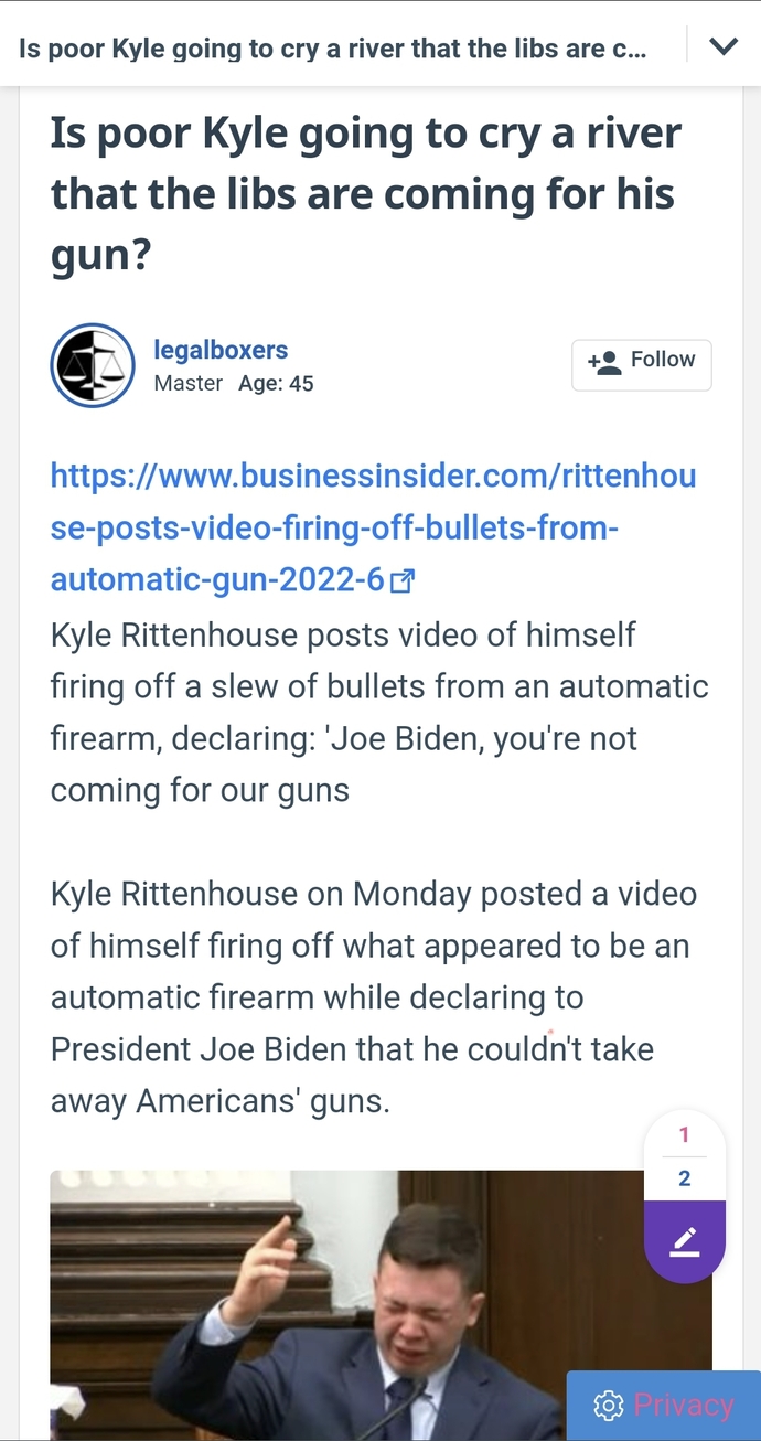 Whats your answer to Is poor Kyle going to cry a river that the libs are coming for his gun?