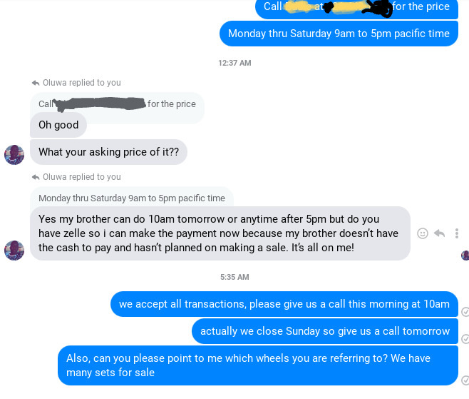 Am I dealing with a scammer on Facebook over my wheels that Im selling?