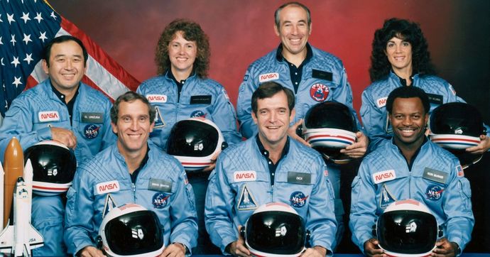 Michael Smith, Francis (Dick) Scobee, Ronald McNair, Ellison Onizuka, Judith Resnik, Gregory Jarvis and Christa McAuliffe