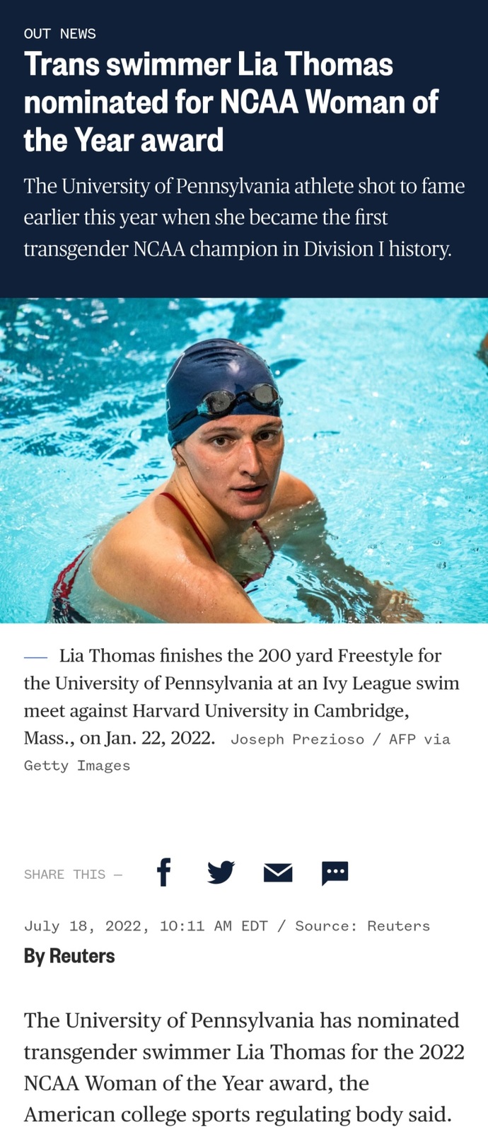 The NCAA Nominates Trans swimmer Lia Thomas as the Women of the year award, do you agree or disagree?