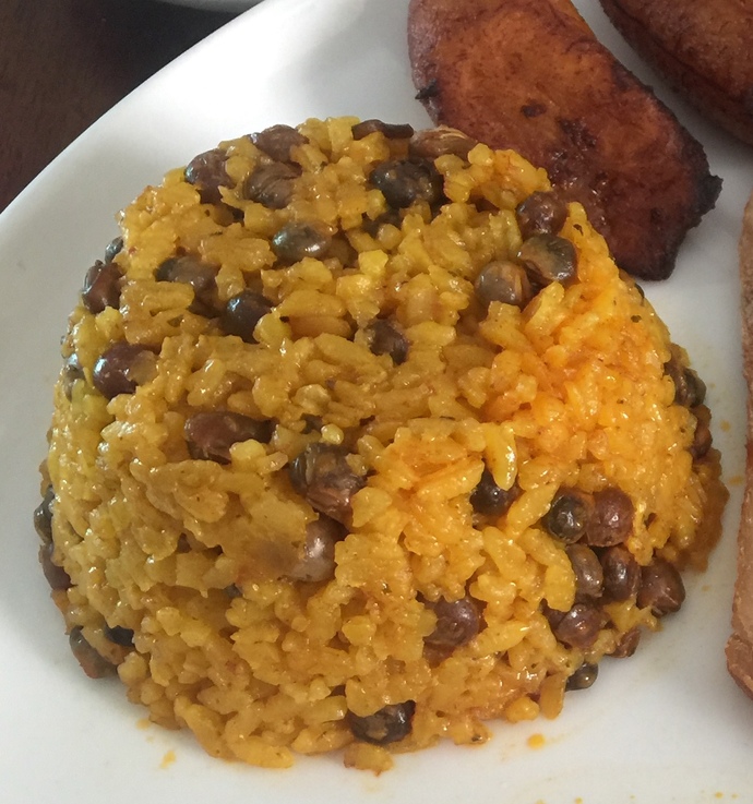 Rice with beans. I make mine without any meat, and some green olives.
