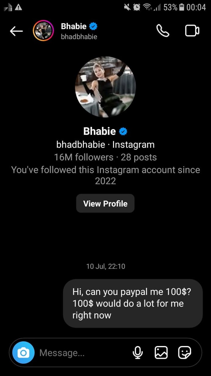Is it bad to ask celebrities for money? sent message to bhadbhabie?