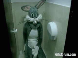 How would you react if you went to the restroom entering a toilet stall only for a random person in a bunny costume just waiting for you?