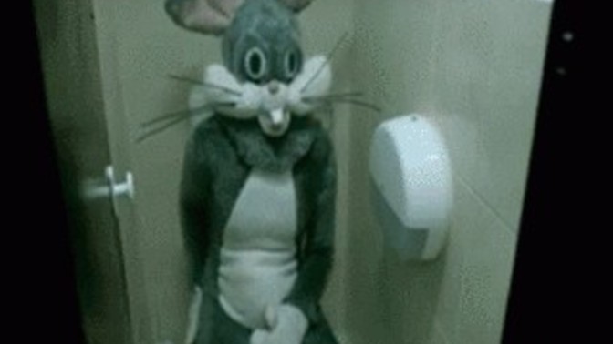 How would you react if you went to the restroom entering a toilet stall only for a random person in a bunny costume just waiting for you?