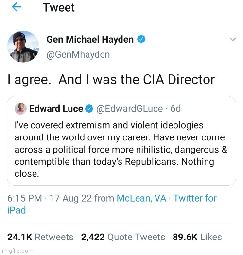 What do you think about former head of the cia saying that republicans are the most dangerous threat to america?